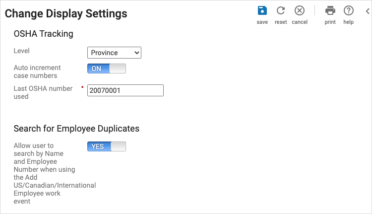 Search for employee duplicates toggle is enabled on the Change Display Settings page.