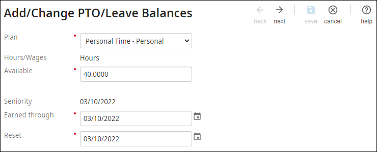 Add/Change PTO/Leave Balances page