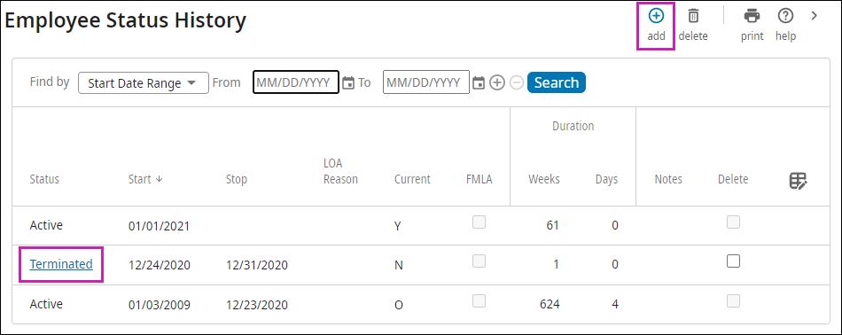 Employee Status History records list - Add and Change record highlighted
