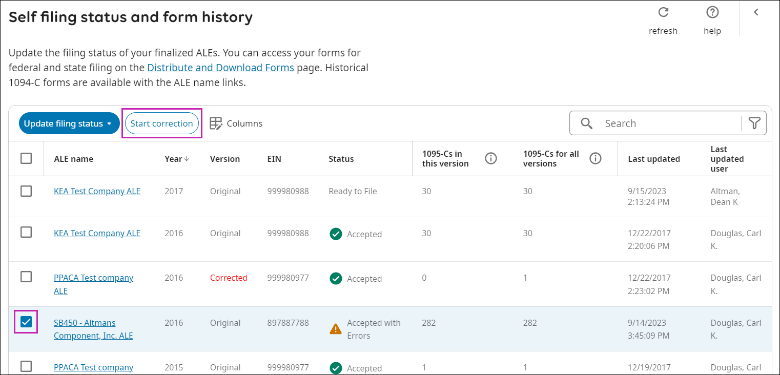 Self Filing Status and Form History page with Start Correction button and selected ALE highlighted