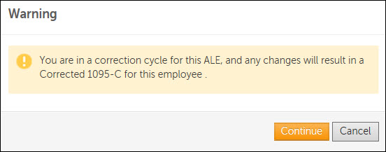 Warning message indicating changes will result in a Corrected 1095-C for the employee.