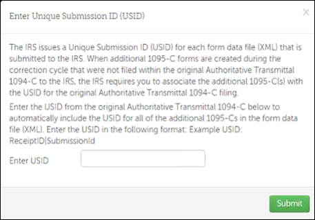 Enter USID for 1095-C Forms Corrected
