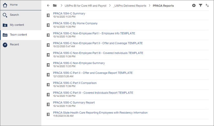 BI PPACA Delivered Reports List