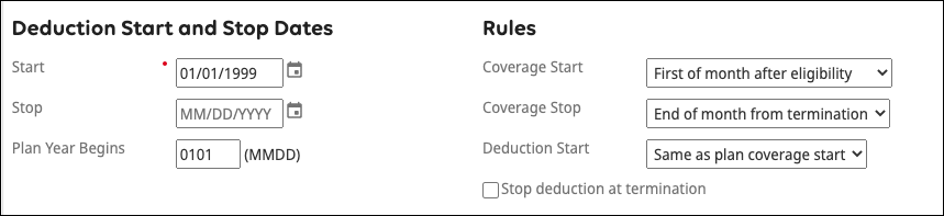 Deduction/Benefit Plan Main Page Deduction Start and Stop Dates and Calculation Rules