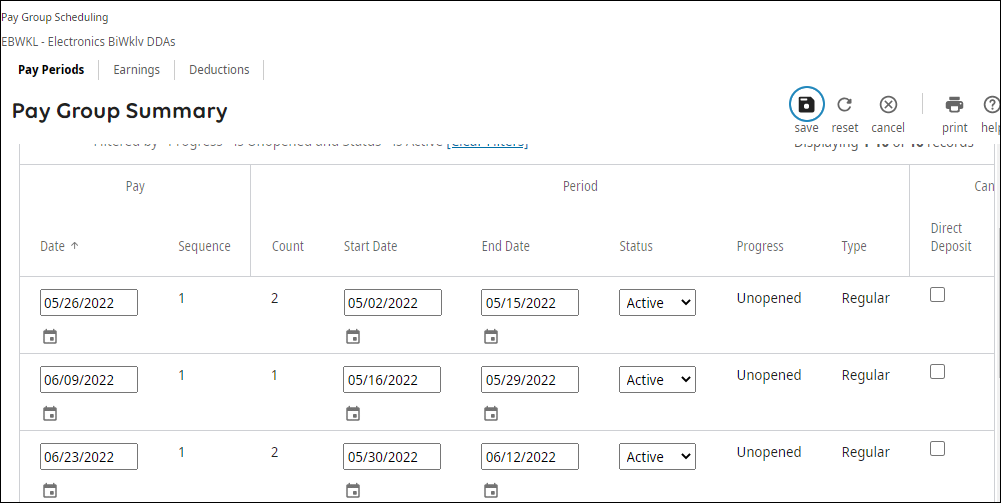 Shows an image of the Pay Group Summary page with editable Start and End Date fields