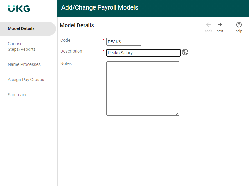 Shows an example of the Model Details page in the Add/Change Payroll Model work event