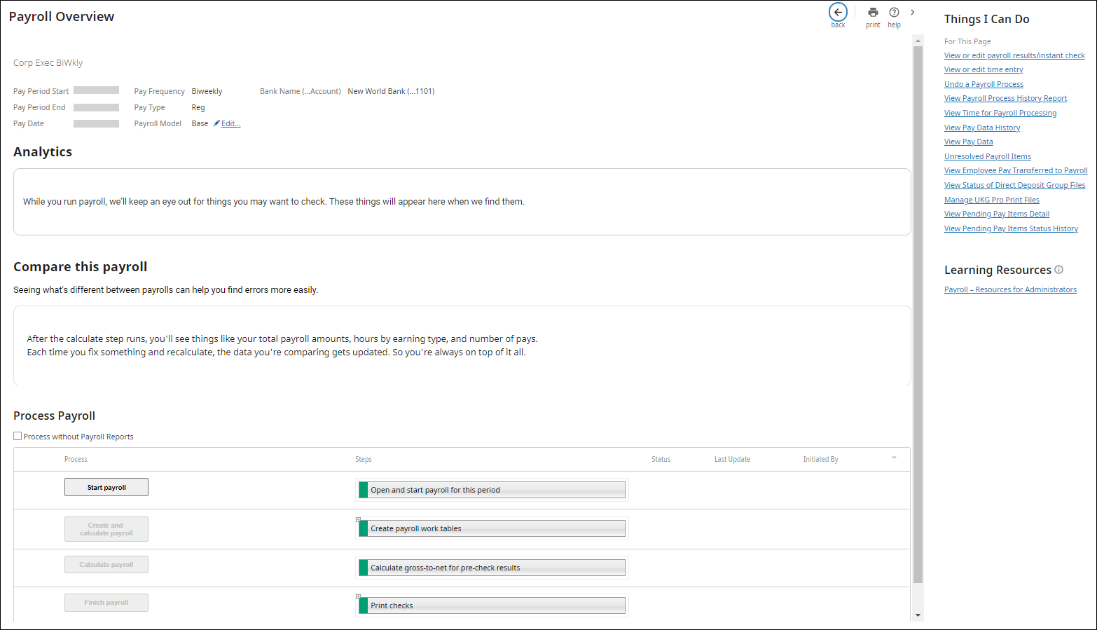 Process Payroll section of the Payroll Overview page, with a callout box around Bring in Time