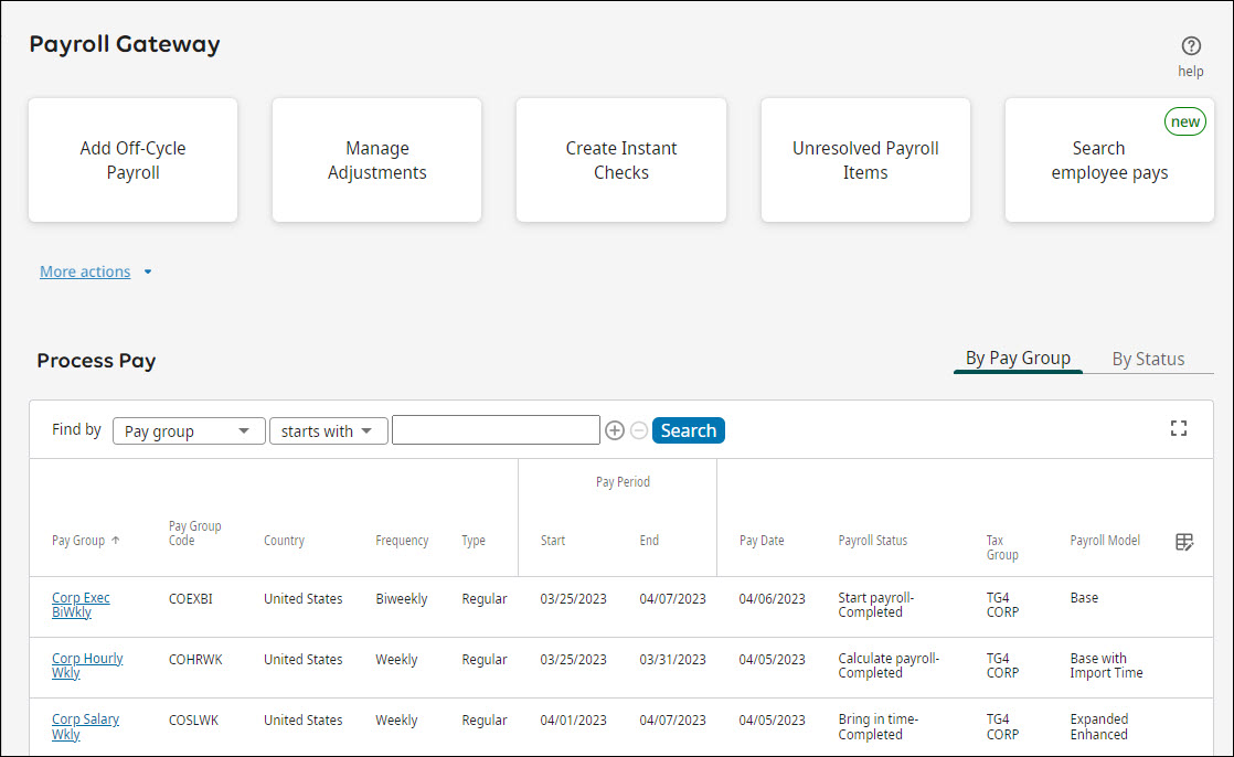 Process Pay section of the Payroll Gateway page