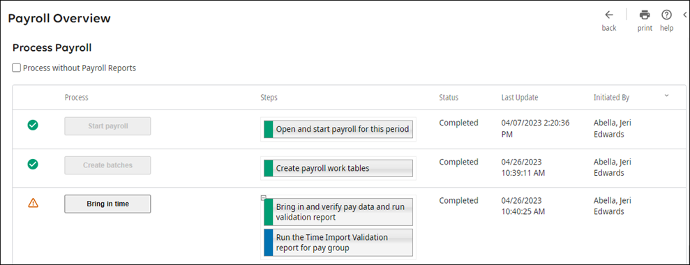 Viewing the processing of steps on payroll overview page