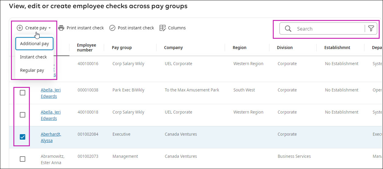 Shows an example of the View, edit or create employee checks across pay groups page with the Search and actions highlighted