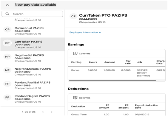 Shows an example of the New Pay Data Available page