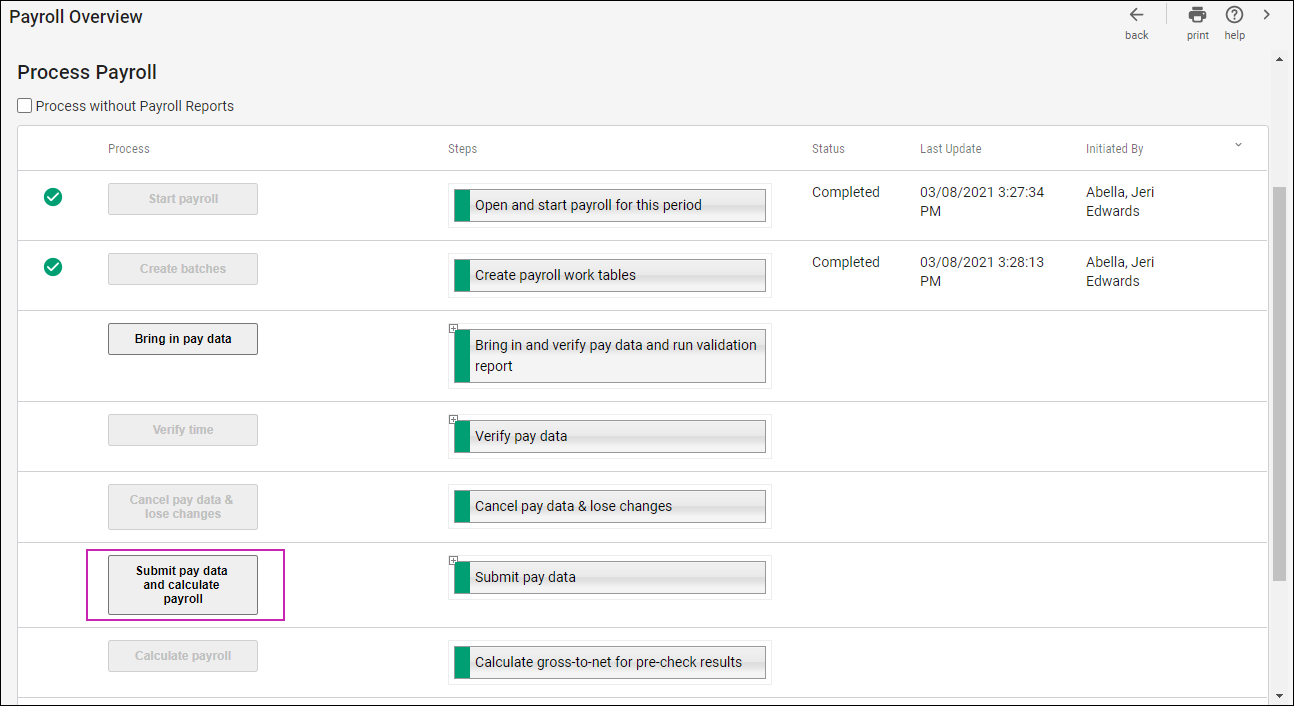 Shows the Payroll Overview page with the Submit Pay Data process highlighted