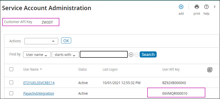 Shows the Service Account Administration page with Customer and User API Keys highlighted