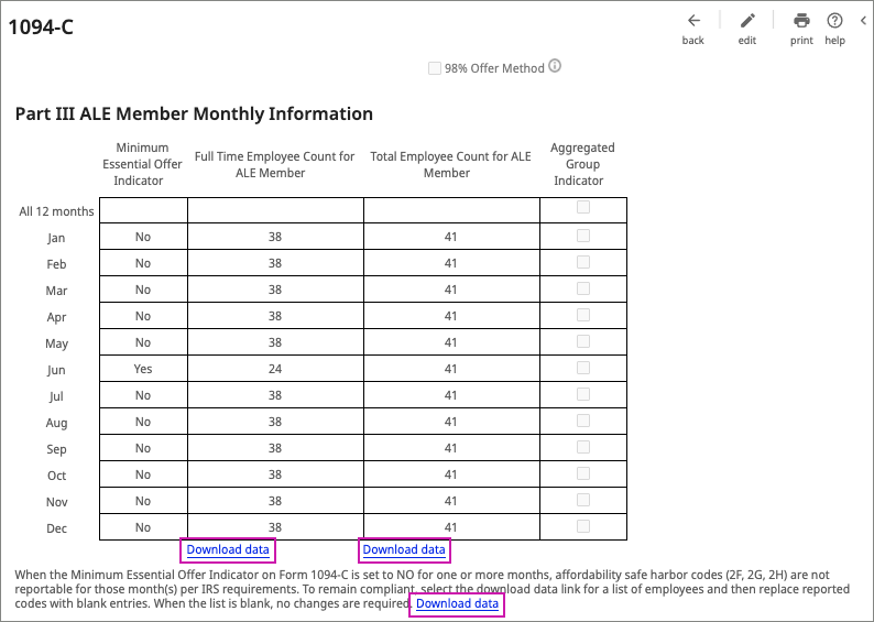 1094-C Part III ALE Member Monthly Information with Download Data links highlighted