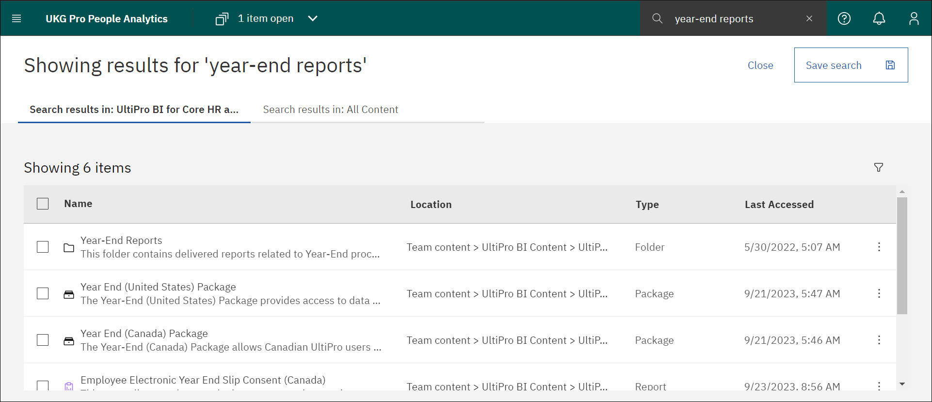 search results for 'year-end reports' within the UltiPro BI for Core HR and Payroll folder