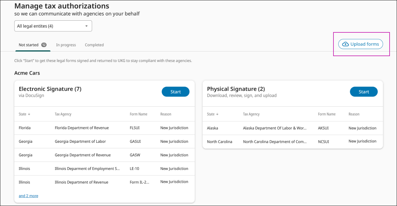 Manage Tax Authorizations screen with Upload forms button enabled