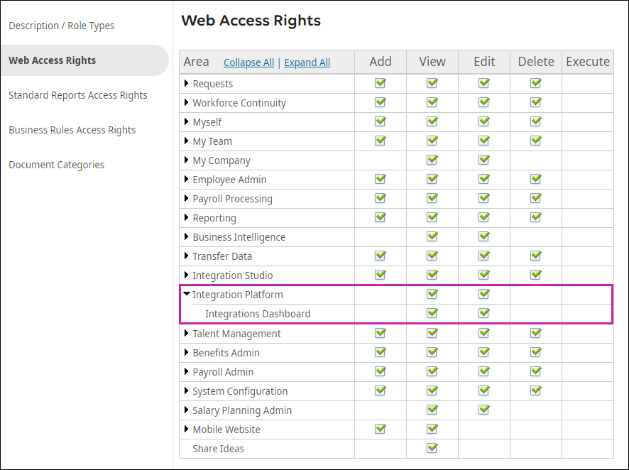 Integration Platform Web Access Rights