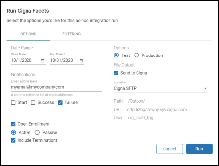 Shows Run page with Cigna example