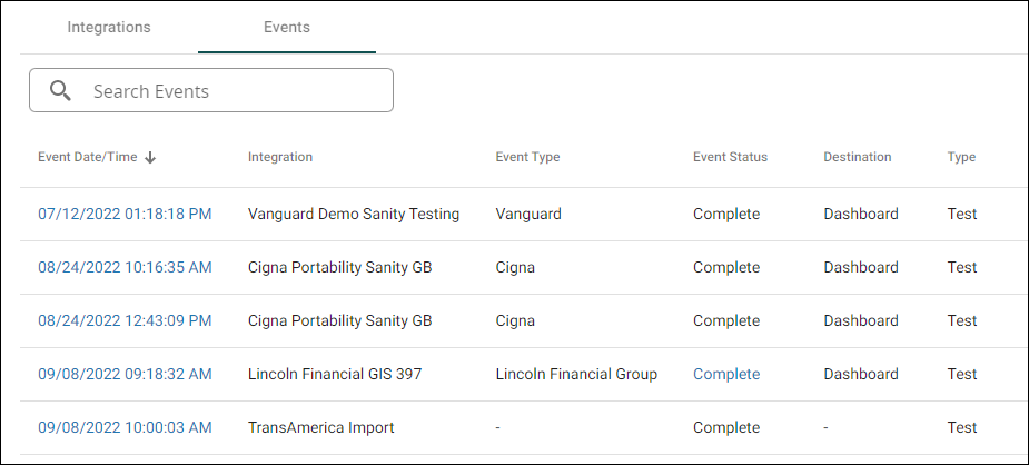 Integrations Dashboard Events