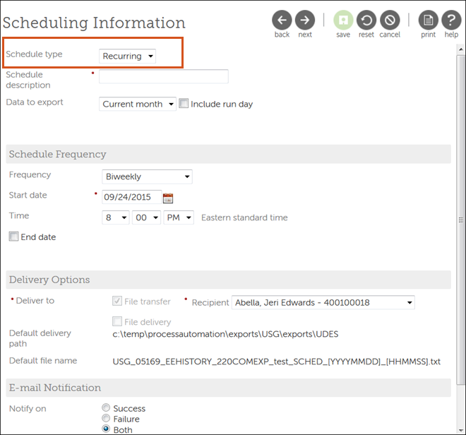 Data Transfer Interface ScheduleType Recurring