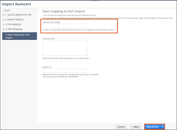 NetSuite Save Mapping and Start Import page