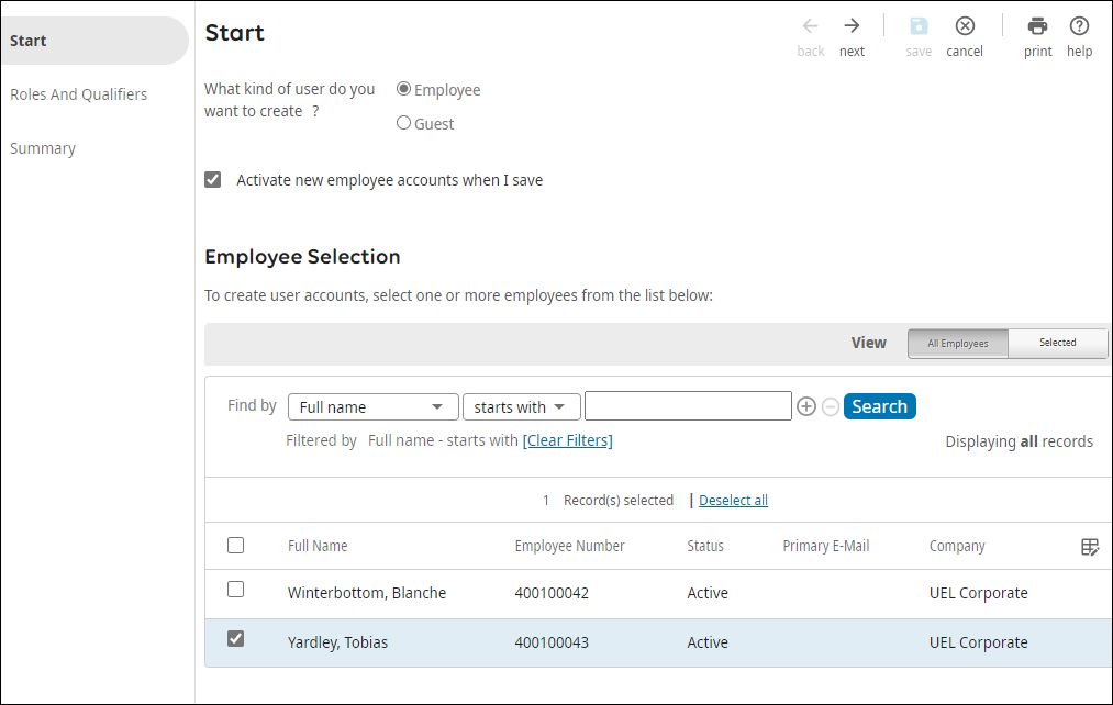 Add User Start Employee