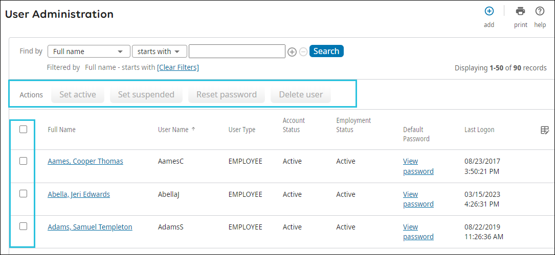 User Administration Page Actions