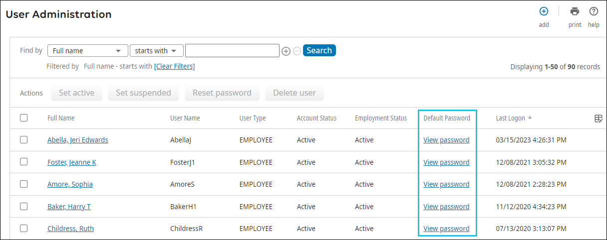 View Password Link on the User Administration Page