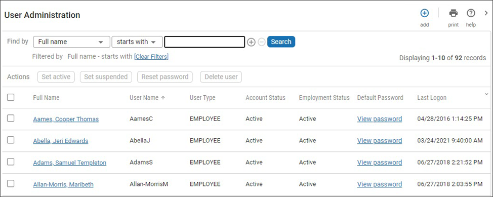 User Administration - Summary of Users