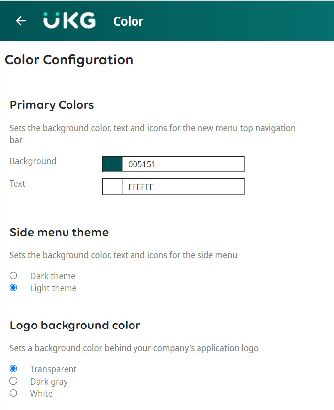 The Color Configuration page with the Light theme selected.