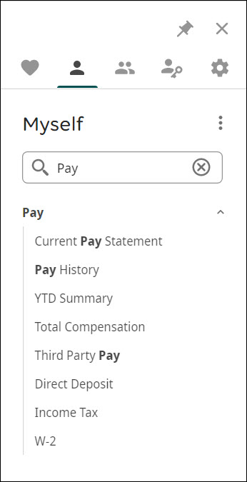 The menu search bar on the Myself tab with the search term "Pay"