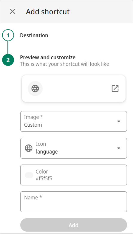 The Add shortcut window with the Custom image selected. There are new fields for icon and color.