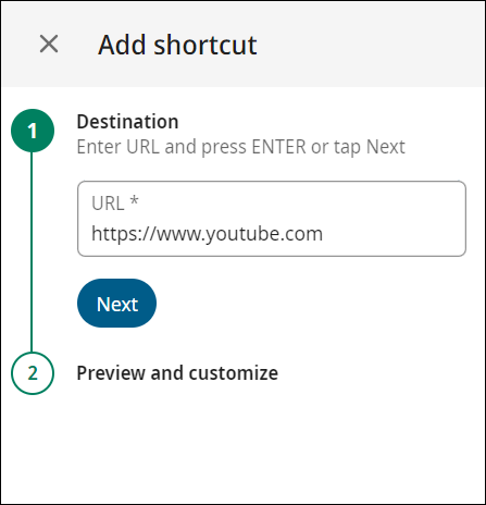 The Add shortcut window with an example URL provided.