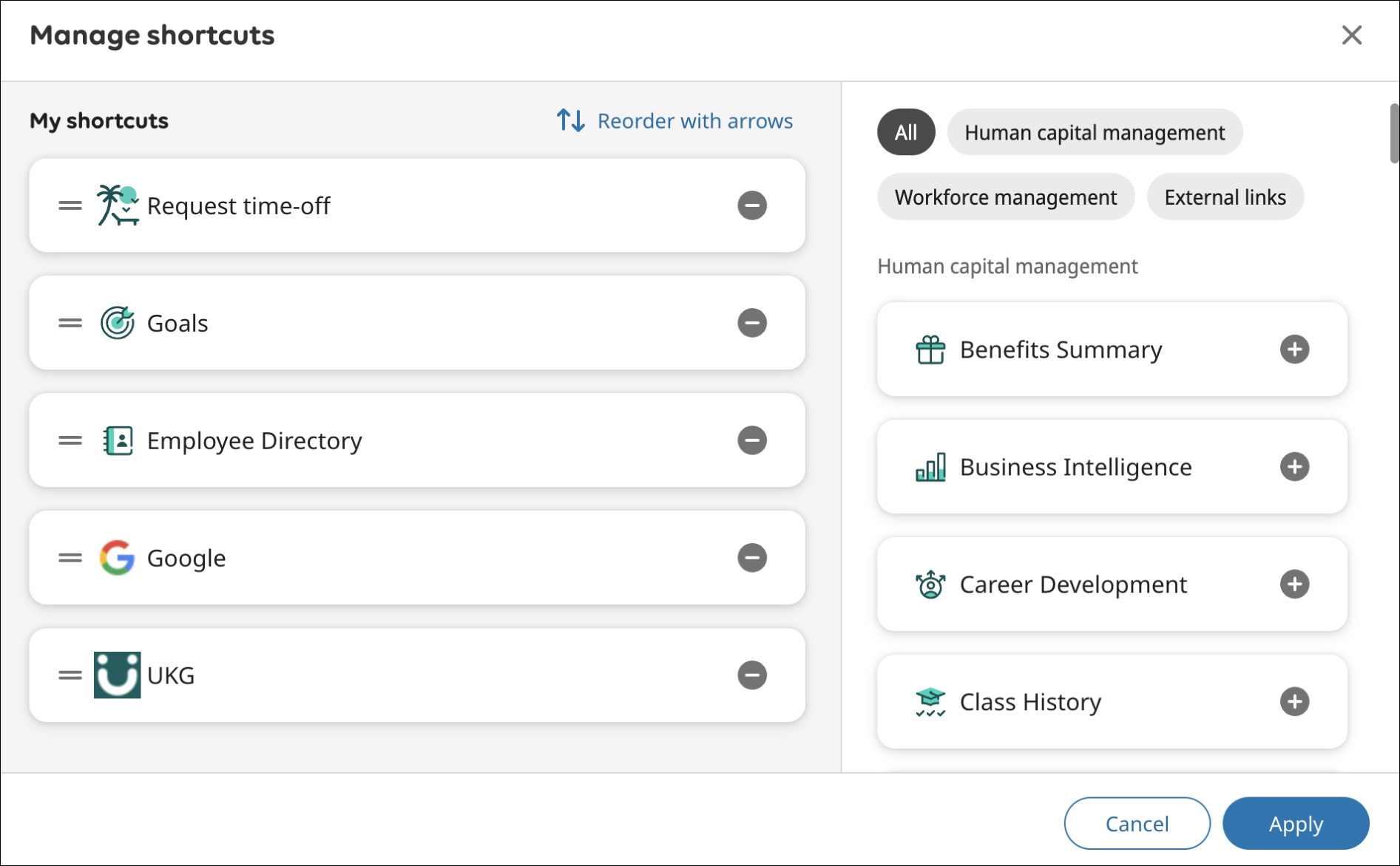 The Manage Shortcuts window.