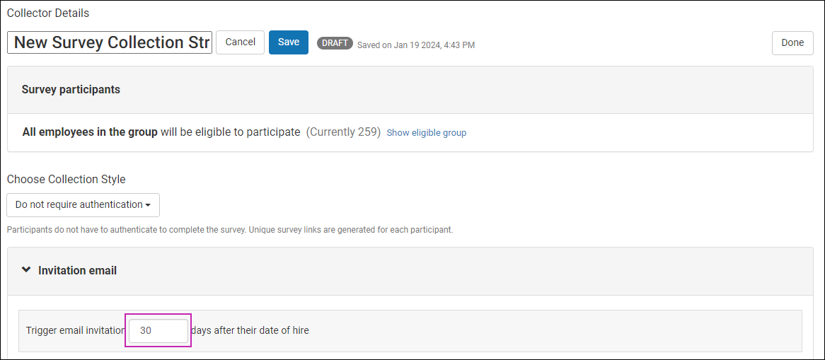 Collector Details page of a survey, Invitation Email section. Image show the text, Trigger Email Invitation 30 days After Their Date of Hire.
