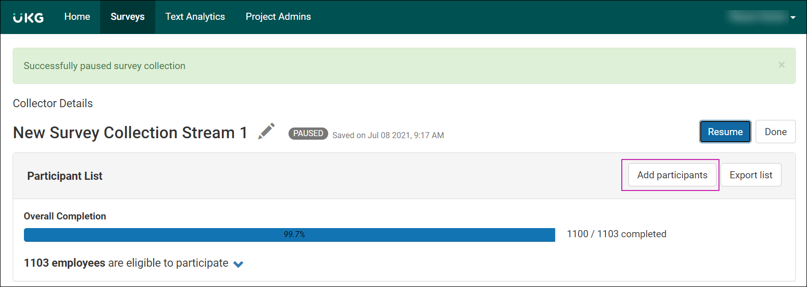 Collector Details page of a survey. Participant List section displays two buttons: Add Participants and Export List.