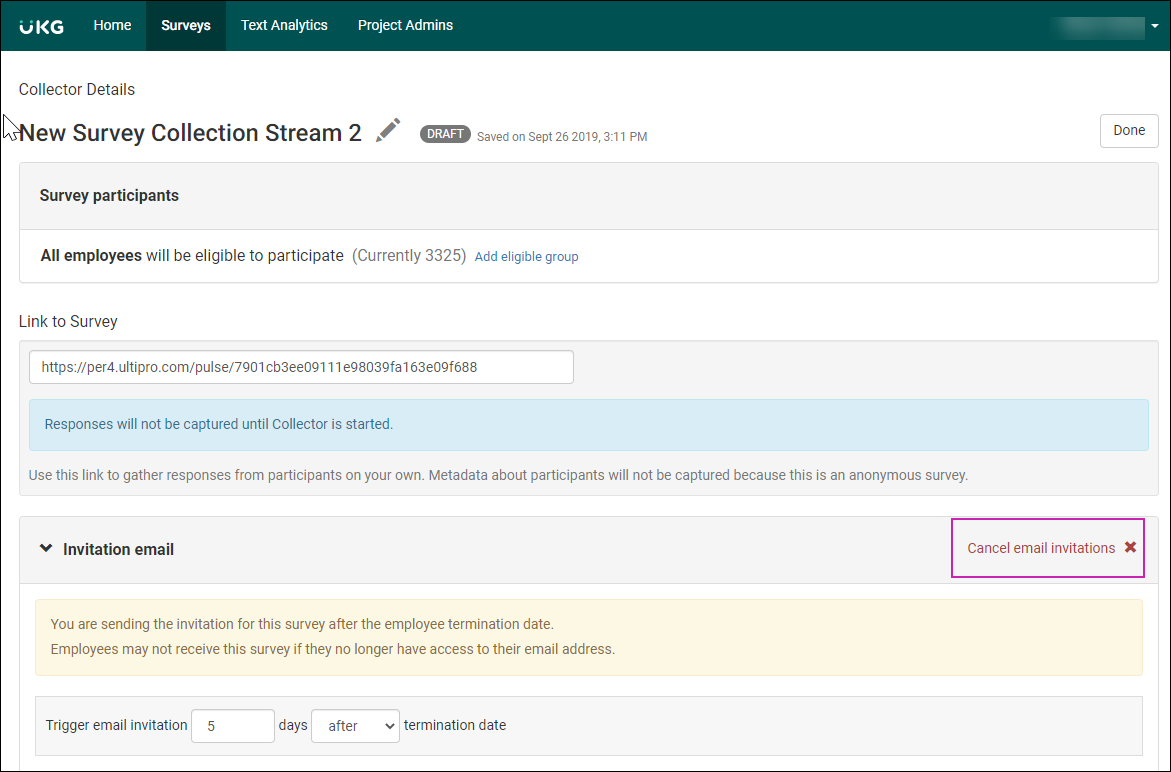 Collector Details page of a survey. Invitation Email section displays the button Cancel Email Invitations.
