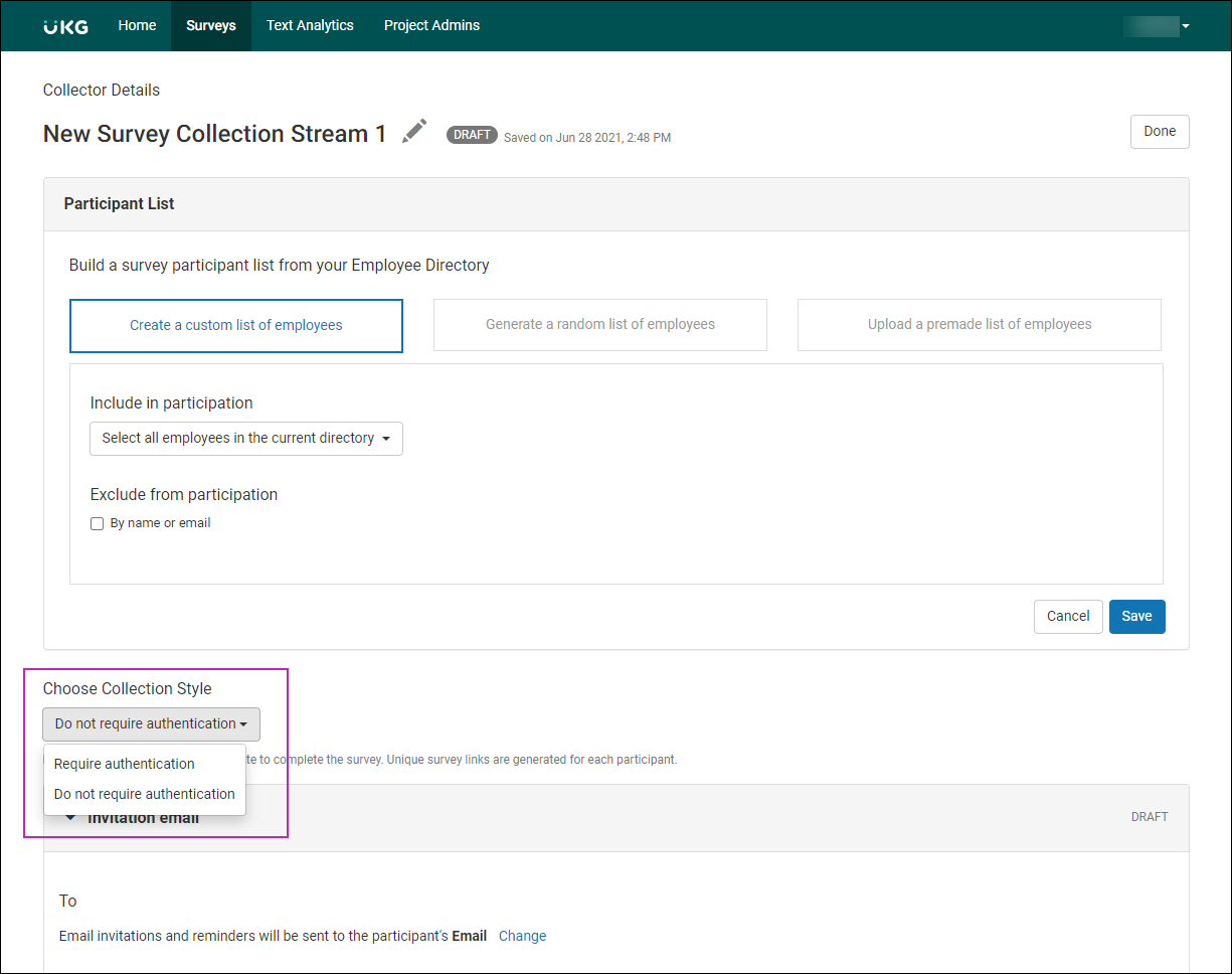 Collector Details page of a survey, Choose Collection Style section. Drop-down list displays two options: Require Authentication and Do Not Require Authentication.