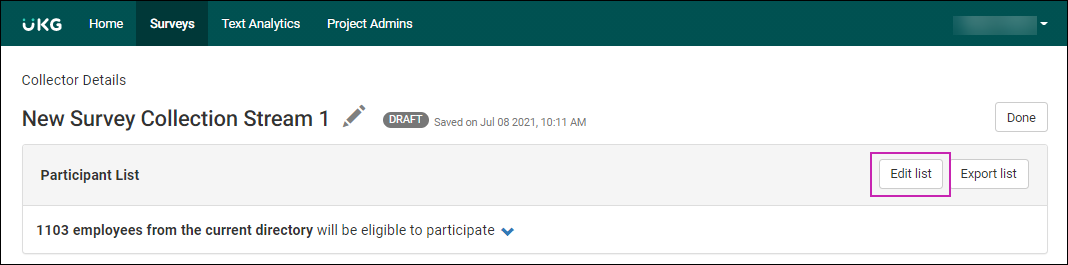 Collector Details page of a survey. Participant List section displays two buttons: Edit List and Export List.