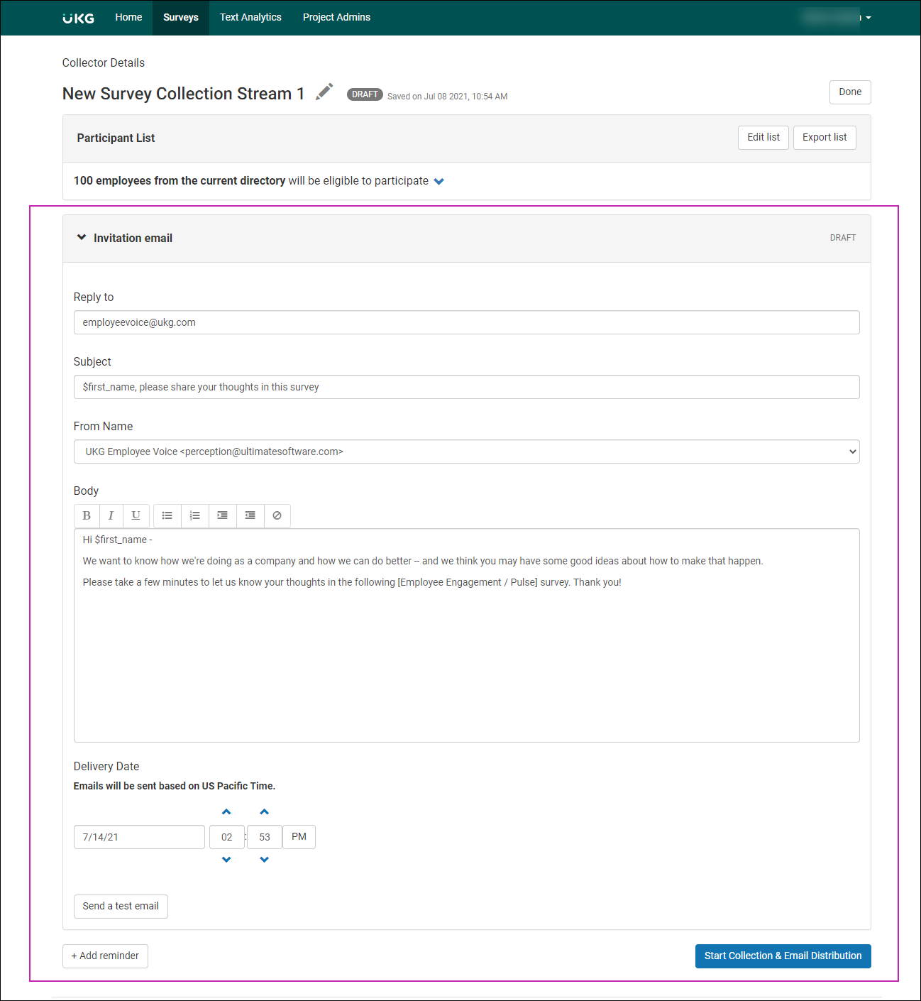 Collector Details page of a survey. Invitation Email section displays Reply To, Subject, From Name, and Body text fields. Delivery Date field allows for date and time. There is a button to send a Test Email.