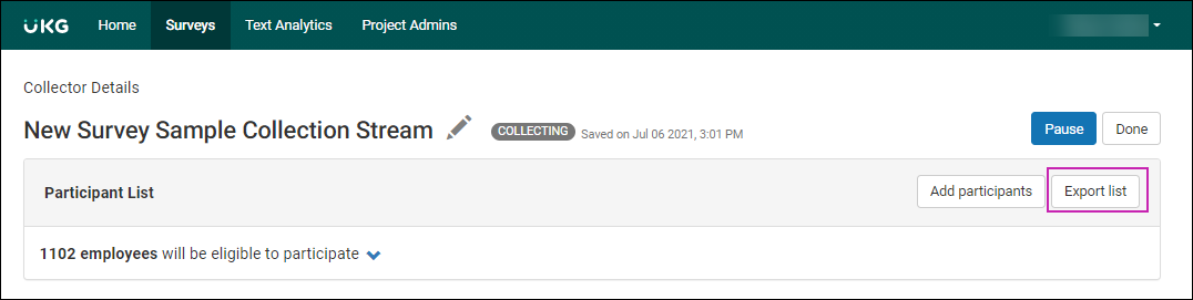 Collector Details page of a survey. Participant List section displays two buttons: Edit List and Export List.