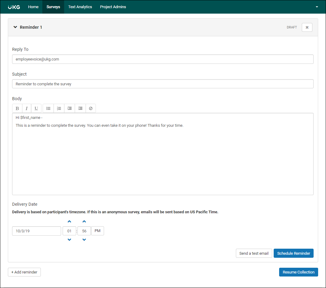 Collector Details page of a survey. Reminder section displays Reply To, Subject, and Body text fields. Delivery Date field allows for date and time. There are two buttons: Send a Test Email and Schedule a Reminder.