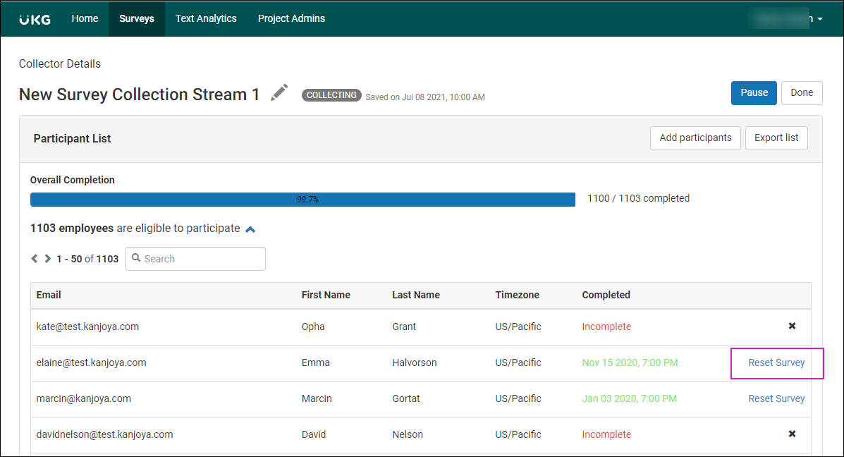 Collector Details page of a survey, Participant List section. A table displays a list of participants, including Email, First Name, Last Name, Time Zone, Completed Date and Time. Each line also includes a link to Reset Survey if the survey was completed.