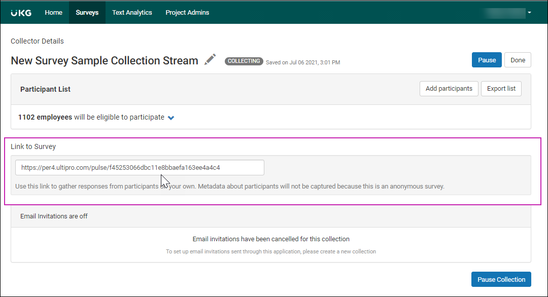 Collector Details page of a survey. Link to Survey section displays a survey link and the warning message “Responses will not be captured until Collector is started.”