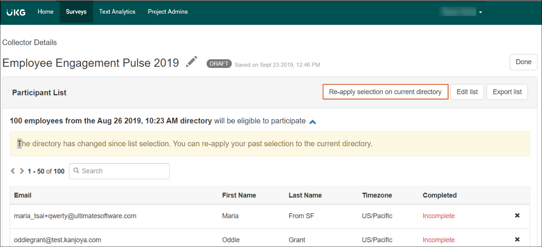 Collector Details page of a survey. Participant List section displays three buttons: Re-apply Selection on Current Directory, Edit List and Export List.