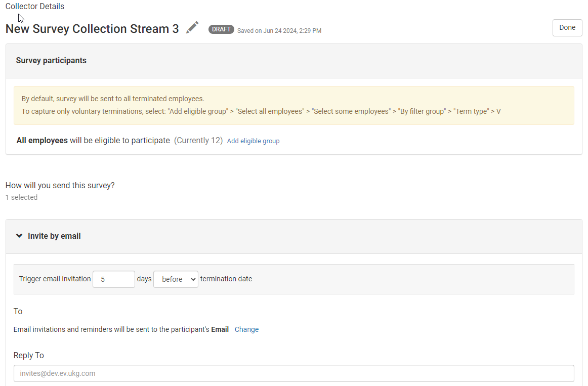 Collector Details page of a survey, Invitation Email section. Image shows the text, Trigger Email Invitation five days After Termination Date. Warning message displays the text, “You are sending the invitation for this survey after the employee termination date. Employees may not receive this survey if they no longer have access to their email address.”
