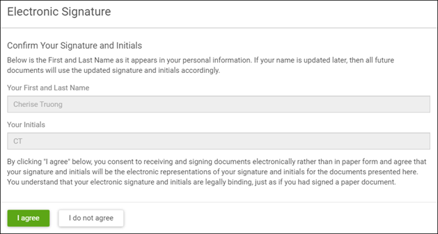Image displays the electronic signature consent dislogue box.