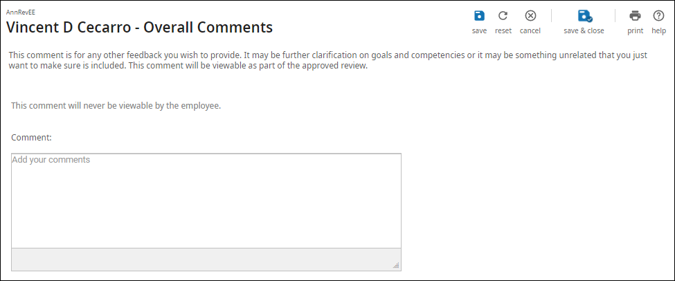 Performance Review - Overall Comments Page