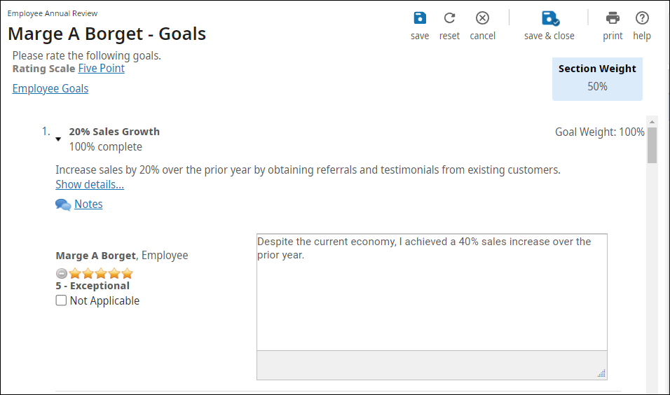 Performance Review - Goals Page for Employee