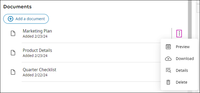 The Documents section with the Actions icon expanded. The Actions icon has the following options: Preview, Download, Details, and Delete.